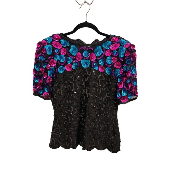 Stenay Tops - Vintage Silk Sequin Top Womens Small Black Pink Blue Beaded Evening Blouse
